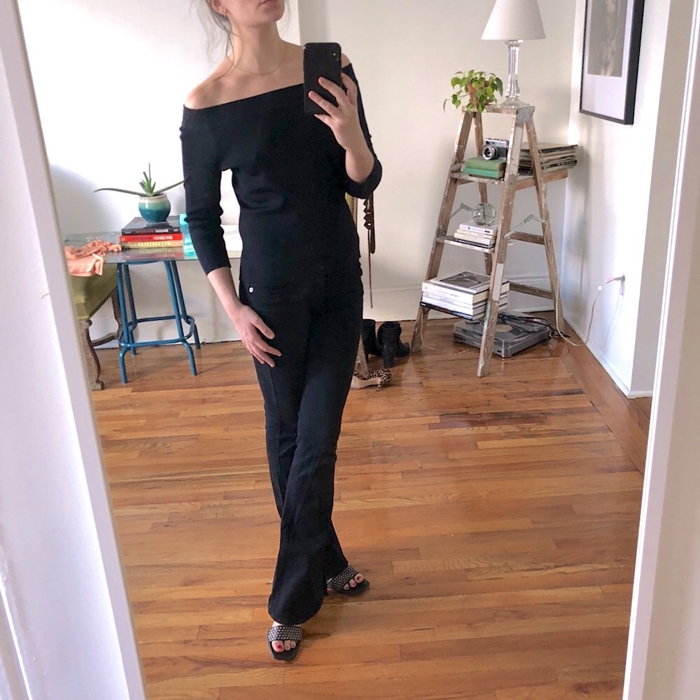 Vintage 90s Stretchy Black Off The Shoulder 3/4 Three Quarter Crop Sleeve Top - Picture 10 of 16